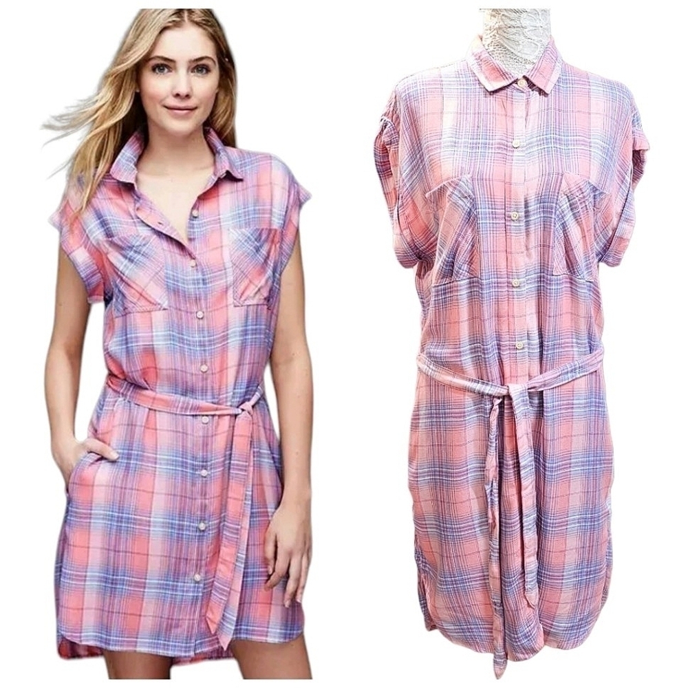 GAP Pink Plaid Button Up Shirtdress Size Medium Tall Belted Lightweight Rayon